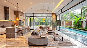 Real estate Luxury interior design pool villa in kitchen and living room area which feature island counter and furniture.