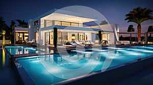 real estate Luxury Interior and exterior design pool villa with living room at night home
