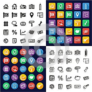 Real Estate Market All in One Icons Black & White Color Flat Design Freehand Set