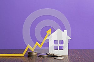 Real estate market, graph, up arrow. House construction model and a stack of coins. The concept of inflation, economic growth, the