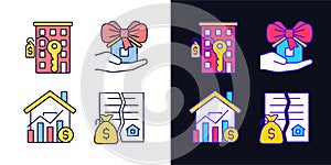 Real estate market light and dark theme color icons set