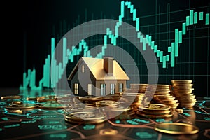 Real Estate Market Upturn with Model House and Rising Coin Stacks