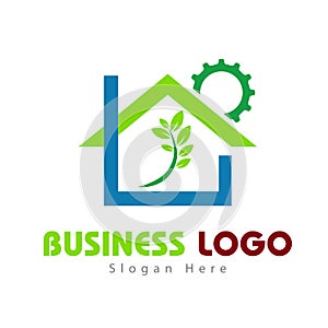 Real estate mechanical wheel green leaf home buildings logo icons template. Icons, estate vector Illustration