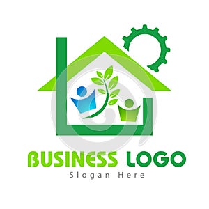 Real estate mechanical wheel green leaf people family home buildings logo icons template. Icons, estate vector Illustration