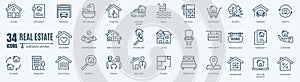 Real Estate minimal thin editable line web icon set. Included the icons as rent, property, mortgage, home loan and more. Outline