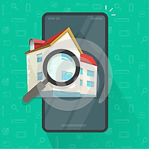 Real estate mobile phone searching, reviewing house for buy or rent smartphone app isolated vector, home digital