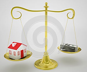 Real estate and money on gold scale