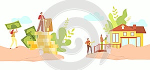 Real estate mortgage concept, tiny people buy new house, hand holding money, vector illustration