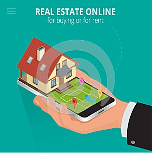 Real estate Online for buying or for rent. Man working with smartphone is looking for a house for buying or for rent