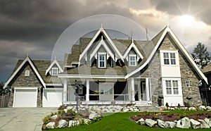 Real Estate Private Housing Home Stone Exterior Massive Dwelling Residence Custom Design Cedar Shake Roofing