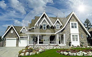 Real Estate Private Owned House Home Stone Exterior Massive Dwelling Residence Custom Design Cedar Shake Roofing