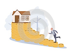real estate or property growth concept. businessman running stack of coin on house price. Flat vector cartoon character