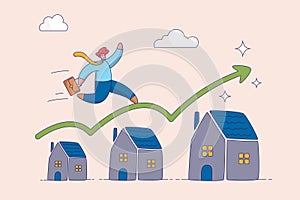 Real estate or property growth concept. Housing price rising up, businessman running on rising green graph on house roof