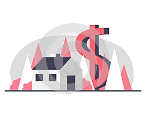 Real estate property for sale. Vector concept illustration of a house with plants, trees and garden and big dollar sign.