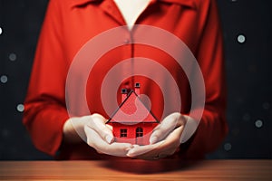 Real estate safeguard Businesswoman holds red umbrella over symbolic home