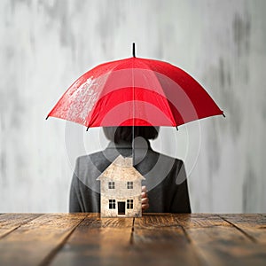 Real estate safeguard Businesswoman holds red umbrella over symbolic home