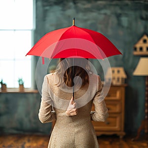 Real estate safeguard Businesswoman holds red umbrella over symbolic home