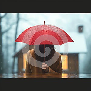 Real estate safeguard Businesswoman holds red umbrella over symbolic home