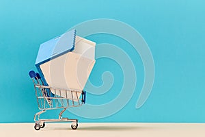 Real estate. Sale property. Purchase accommodation. House miniature in shopping cart on blue backdrop. Copy space