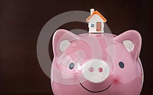 Real estate sale, savings, home loans market concept. model house on smilely pink Piggy bank.