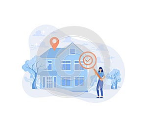 Real estate search illustration. Characters searching and choosing apartment or house for renting or buying. Property market