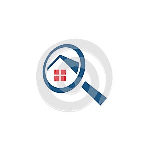 Real estate search logo of a house with magnifying glass