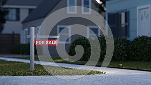 Real estate sign in front of a house for sale in a nice suburban neighborhood. Digital 3D rendering