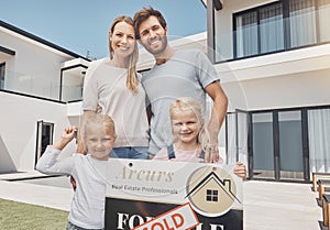 Real estate, sold and portrait of family with sign after buying property and homeowner advertising. Happy, showing and