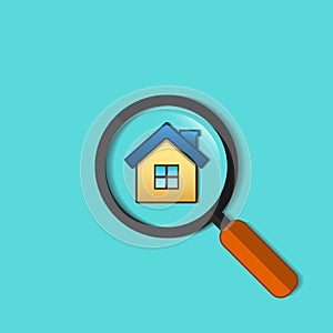 Real estate symbol of house under magnifying glass, vector flat design. Search home symbol