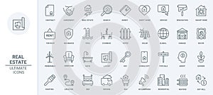 Real estate thin line icons set, houses purchase, mortgage agreement and insurance