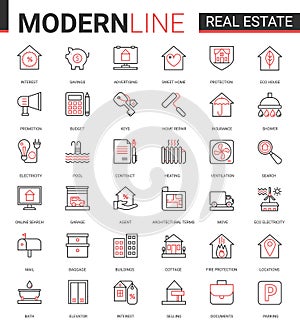 Real estate thin red black line icon vector illustration set of house sale or insurance contract, mortgage calculator of