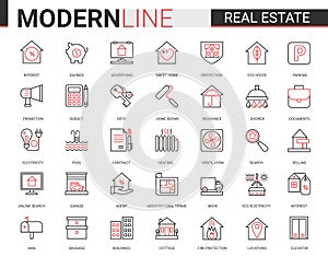 Real estate thin red black line icon vector illustration set of house sale or insurance contract, mortgage calculator of