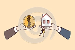 Real estate transaction when buying or renting house, with hands holding money and miniature cottage