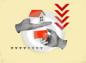 Real estate valuation collage. Hand holding house and negative bad evaluation.