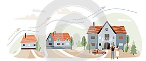 Real estate vector illustration. Concept of increase in living space step by step for family. Growth infographic banner