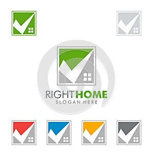 Real estate vector logo design with home and check