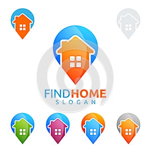 Real estate vector logo design with home and pin