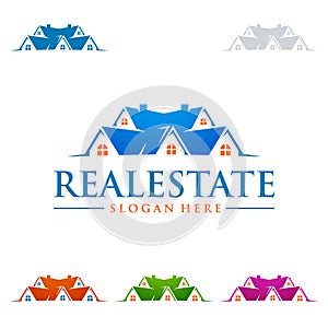 Real estate vector logo design with home and sun shape