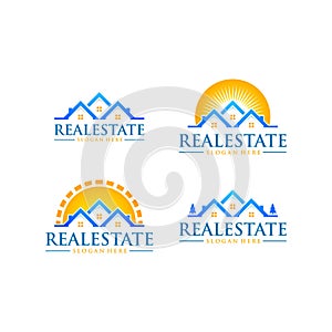 Real estate vector logo design with home and sun shape