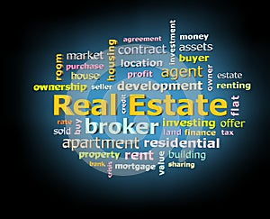 Real estate word cloud on black background with blue glowing light facing left