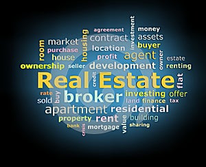 Real estate word cloud on black background with blue growing light