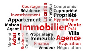 Real estate word cloud. French language. Vector illustration.