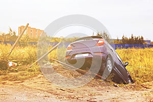 A real event. Car accident. The car drove off the road and toppled over. Car accident during the rain in the autumn time.