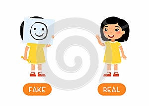 REAL and FAKE antonyms word card vector template. Opposites concept. Little asian girl holding drawing of smiling face