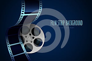 Real film strips in waveform with cinema rell.Vector poster design template. 3d flyer or poster festival isolated on blue