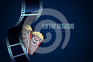 Real film strips in waveform with two popcorn box isolated on blue background. Cinema  design template. 3d flyer or poster