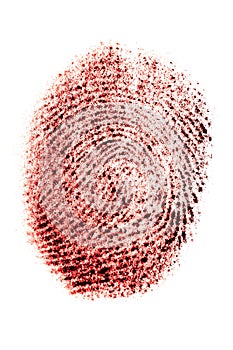 Real fingerprint in red color on white background, bloody thumbprint, macro