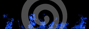 Real fire blue flames isolated on black background. Mockup on black of 5 flames.