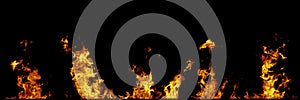 Real fire flames isolated on black background. Mockup on black of 5 flames