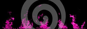 Real fire pink flames isolated on black background. Mockup on black of 5 flames